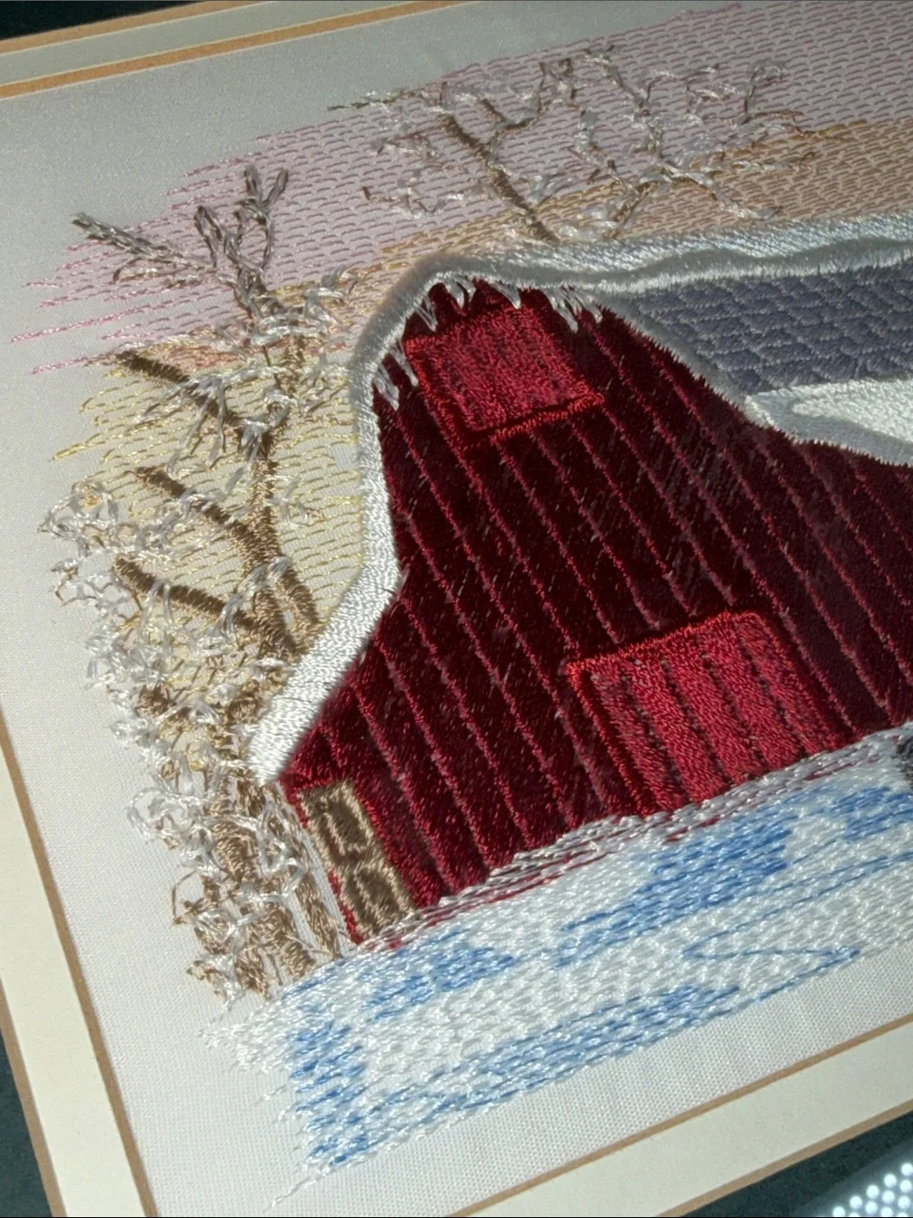 Vtg Needlepoint Embroidered Red Barn Winter Crewel Barn wood Frame Wall Hanging